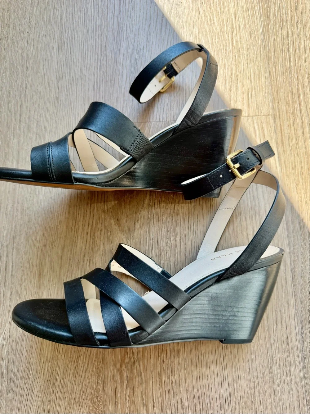 Cole Haan Black Leather Wedge Sandals with Ankle Buckle